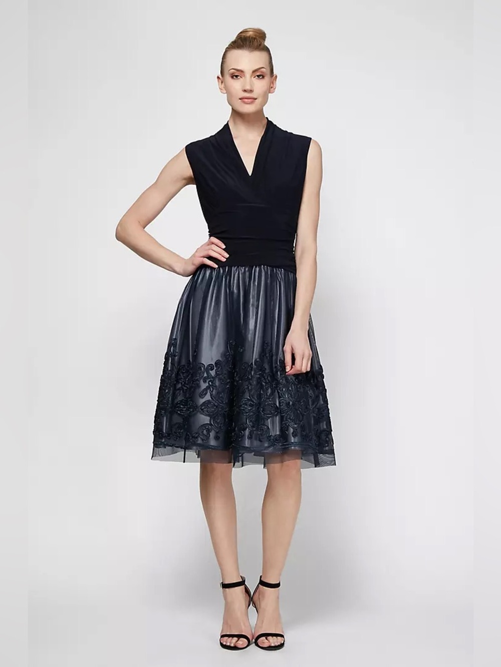 SL Fashions Ruched Waist Jersey and Mesh Dress with Soutache 8